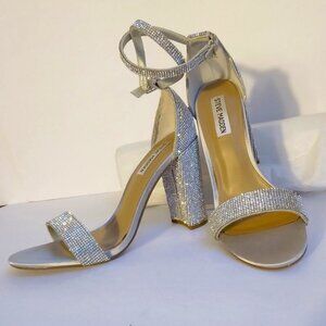 Steve Madden Carrson Silver Crystal Covered Block Heel Sparkly Sandals  Sz 9.5